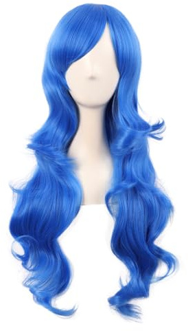 MapofBeauty 28 Inch Women Side Bangs Long Curly Synthetic Wig, Bright Blue
