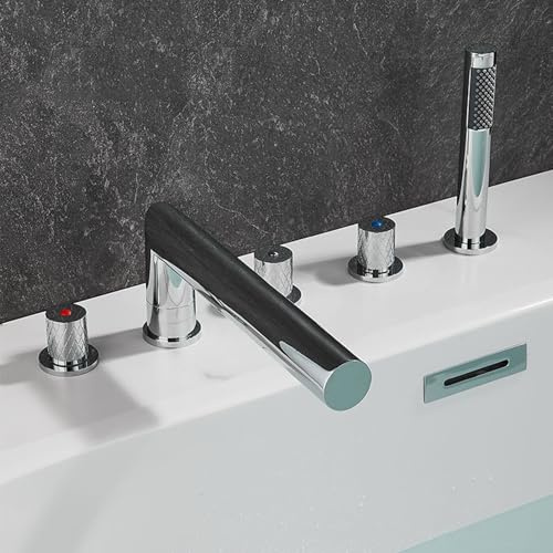 XDSMB Rubinetto Vasca da Bagno con Doccetta Cascata Cromo 5 Fori 2 Uscite Miscelatore Bordo Vasca Rotazione 360°