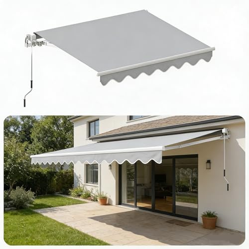 Ferzone Store Banne Manuel 300x250cm cm et Angle Réglable en Aluminium, Auvent de Terrasse Rétractable aux UV/Vent/Eau et Tissu Résistant, Stores Exterieur avec Manivelle pour Patio Balcon, Gris Clair