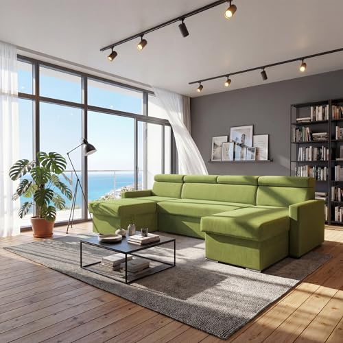 SOFILAND Vega U Ecksofa nach Maß | Breite anpassbar | Schlaffunktion 2 Bettkasten U-Form verstellbare Kopfstützen Samt-Stoff Best 305x151 cm (Grün)