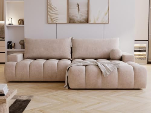 GRAINGOLD Havi Ecksofa 270x170 cm, L-Form Sofa, Ecksofa für Wohnzimmer, Veloursstoff, 4-Sitzer Eckcouch, Ecksofa mit Stauraum und Bettfunktion, Modernes Design (Beige, Rechts)