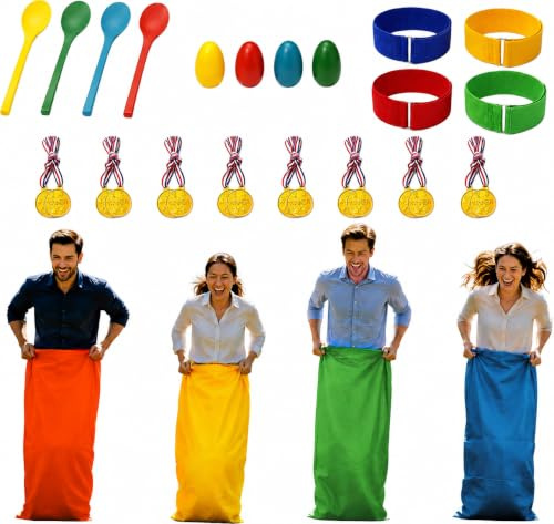 24-Piece Sports Day Games Set for 4-8 Players | Includes 4 Sack Bags, 4 Three-Legged Race Bands, 4 Wooden Egg-and-Spoon Sets and 8 Medals for Parties and School Events