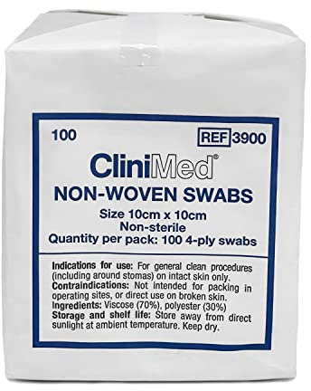 CliniMed Non-Woven Swabs 10cm x 10cm Non-Sterile 4-Ply Swabs for General Clean Procedures - 100 pcs
