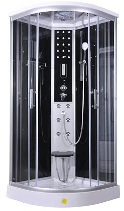 SANOTECHNIK Komplettduschkabine DREAM 90×90×215 cm – All‑in‑One Komplettdusche | ESG-Sicherheitsglas 5 mm, 6 Massagedüsen, LED, Radio, Klappsitz, Quick‑Line Schnellmontage, CL98