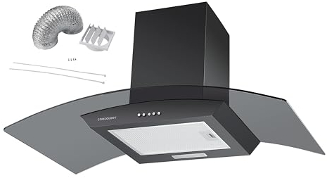 Cookology CGL900BK/A Cooker Hood Chimney Kitchen Extractor Fan 90cm with Ducting Kit, Wall Mounted External Ventilation, Curved Glass, Energy Rating A, 3 Speed Settings, LED, Adjustable Height - Black