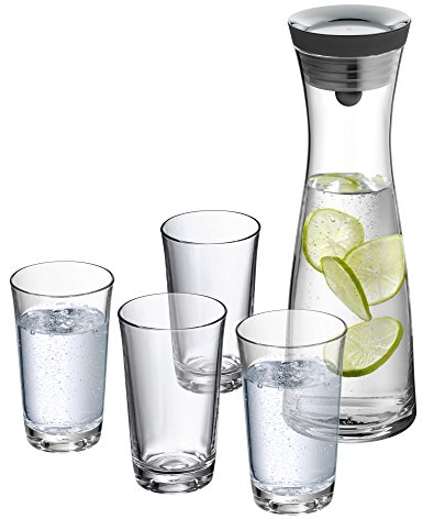 WMF Basic Wasserkaraffe-Set 5-teilig, Karaffe 1l mit 4 Wassergläser 250ml, Glaskaraffe mit Deckel, Silikondeckel, Closeup-Verschluss