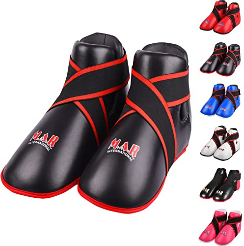 MAR | Black Martial Arts Foot Protector for Karate, Kickboxing, Muay Thai, Taekwondo, Karate K1 Kick Boots, Taekwondo Foot Protectors, Moulded Foam Padding Elasticated Toe Loops (Kids - Child Large)