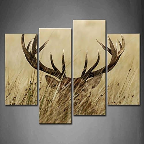 First Wall Art 4 Panel Hirsch leinwand Bilder Wohnzimmer mit langem Geweih in den Büschen Wandkunst Gemälde Der Bilddruck auf Leinwand Tierbilder für Home Decor Dekoration
