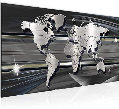 Runa Art Wandbild Weltkarte 1 Teilig 100 x 40 cm Modern Bild auf Vlies Leinwand Abstrakt Büro Wohnzimmer Schwarz Weiss 107912a