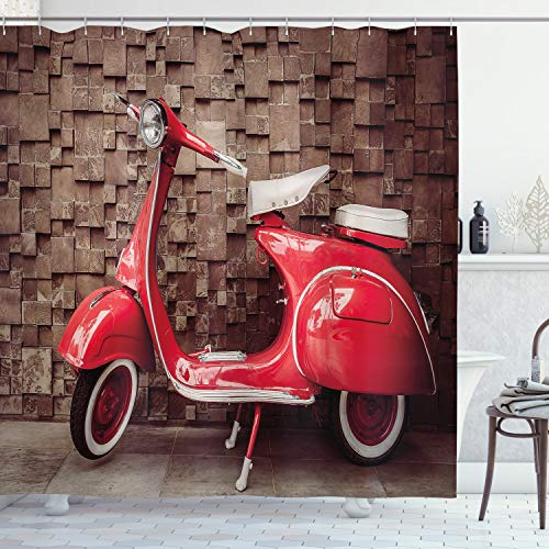 ABAKUHAUS Motorrad Duschvorhang, Retro-Nostalgie-Roller, Stoffliches Gewebe Badezimmerdekorationsset mit Haken, 175 x 200 cm, Umbrabraun Rot