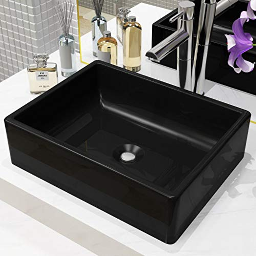 Festnight Vasque à Poser de Salle de Bain Lavabo Céramique Rectangulaire Noir 41 x 30 x 12 cm