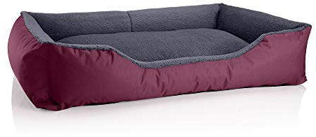 BedDog Hundebett Teddy, Hundesofa aus Cordura und Microfaser-Velours, waschbares Hundebett mit Rand, Hundekissen Vier-eckig, für drinnen, draußen, Größe XXXL, Bordeaux-grau