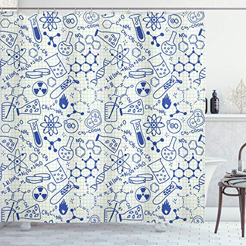 ABAKUHAUS Wissenschaft Duschvorhang, Geometrie Chemie Theme, Stoffliches Gewebe Badezimmerdekorationsset mit Haken, 175 x 200 cm, Blau und Elfenbein