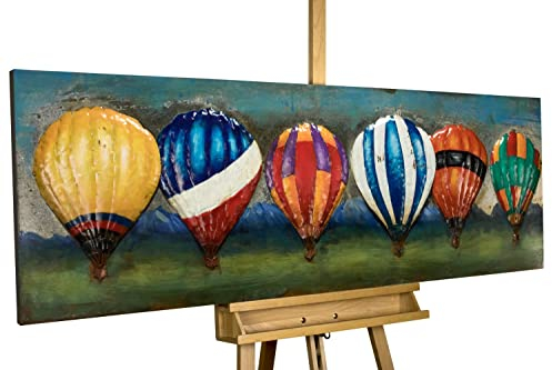 KunstLoft Metallbild 3D | 100% HANDGEFERTIGT | 144x44x5cm | Wandbild Metall Deko 'Farbenfroher Flug' | Heißluftballon | Bunt Blau | Metall Wanddeko Wohnzimmer
