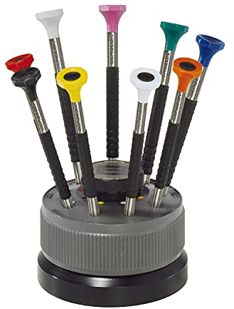 Assortimento di cacciaviti BERGEON, 9 cacciaviti con testa girevole (0,50-2,50 mm), con albero in acciaio su base girevole e lama in acciaio inossidabile