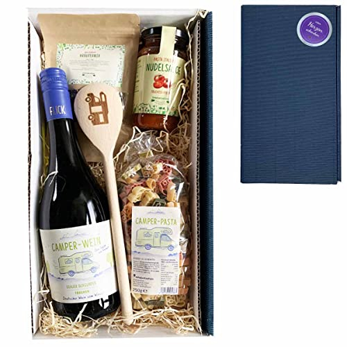 Geschenkset Wohnmobil 6-teilig // Geschenk Wohnmobil mit Nudeln, Wein, Pastasauce, Gewürze Holzlöffel
