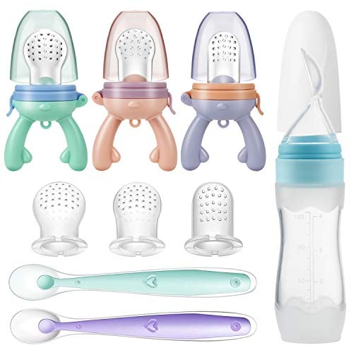 PandaEar Baby Besteck Set- 3 Baby Fruchtsauger Schnuller mit Silikon Sauger in 3 Größen + 2 Weiche Baby Fütterlöffel + 1 Fruchtsauger Baby Getreide Fütterungs Flasche, Weiches Safe BPA-frei