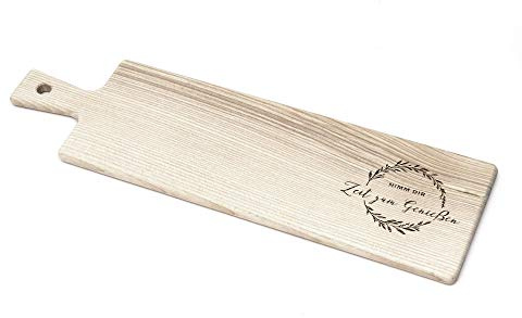 Langes Schneidebrett Holz mit Griff – schönes Deko Baguette-Brett mit Gravur – Servierbrett 15x50 cm für Genießer