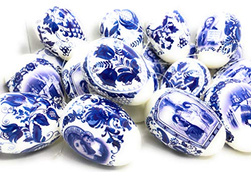 Ukrainisches Kunsthandwerk 21 Ostereier zum Aufhängen „Gzel“ bunte ostereier mit Aufhänger und Bändchen. Blau Bunt