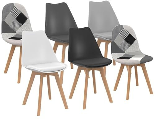 IDMarket - Lot de 6 chaises scandinaves SARA Gris foncé, Gris Clair, Blanc, Noir et patchworks Noirs, Gris et Blancs