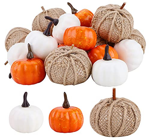 Calabazas artificiales, 22 piezas surtidas de mini calabazas, naranja, blanco, calabaza, cosecha de otoño, mini calabazas falsas para Halloween, acción de gracias, bodas, fiestas, decoración de mesa