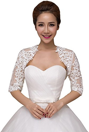 Women's Lace Wedding Bridal Bolero Jackets Shawl Formal Party Prom Evening Cape for Bride Bridesmaid Wrap Shrugs, Half Sleeve Ivory, One Size