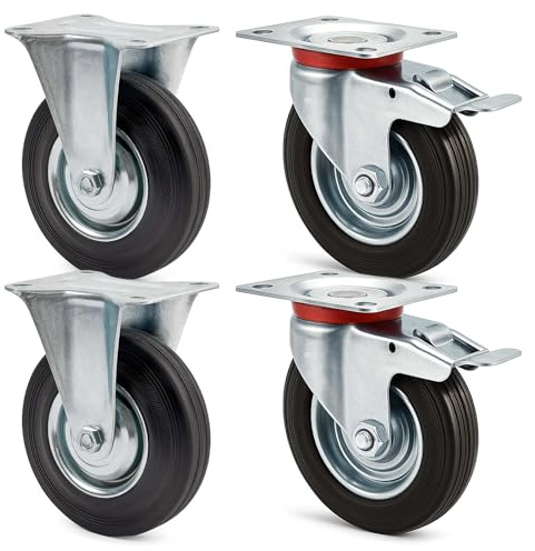 Wiltec Transportrollen Set 100mm 2x Doppelstopp-Lenkrolle und 2x Bockrolle mit Vollgummirad, 70kg pro Rad