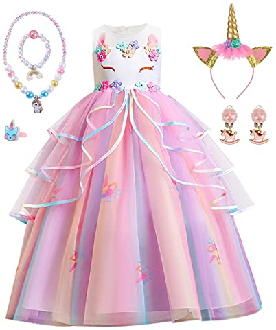 Vestito Principessa Bambina, Principessa Vestiti con Collana Set, Costume da Cosplay Unicorno Bambina Ragazza,Vestito Fantasia per Halloween Carnevale Cosplay Compleanno Natale Festa (110)