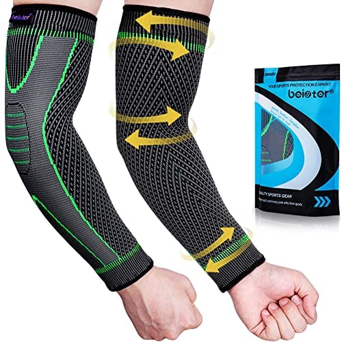 Beister - Set da 2 tutori per gomito a compressione unisex, supporto per gomito con tre strisce antiscivolo in silicone, bendaggi braccio per tendinite, gomito del tennista e del golfista, artrite