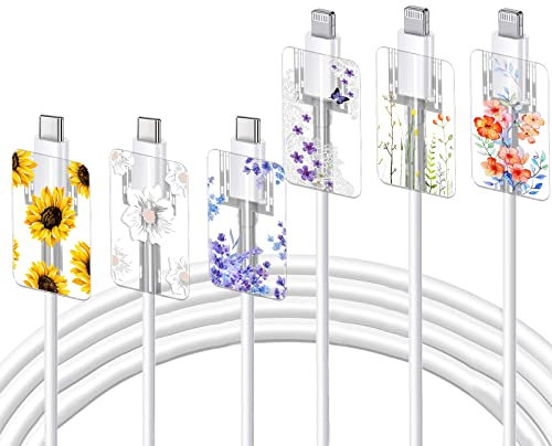 Cute Floral Cable Protector Set for iPhone Type-C Charger, Lavender Camellia Sunflower Wild Flower Bouquet Lace Cherry Blossom Pattern, 6 pcs