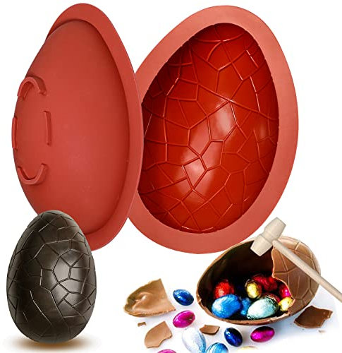 Kamehame Molde de silicona 3D para huevo de Pascua, huevo de dinosaurio, molde de chocolate, marrón, forma de huevo, paquete de 2 con 1 martillo
