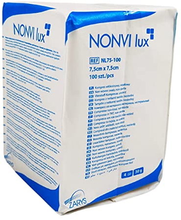 Zarys NONVI lux Vliesstoff Kompresse Unsteril Gewicht 30 g/qm Absorbierender 4-lagige Verband Größe 7,5 cm x 7,5 cm (100 Stück)