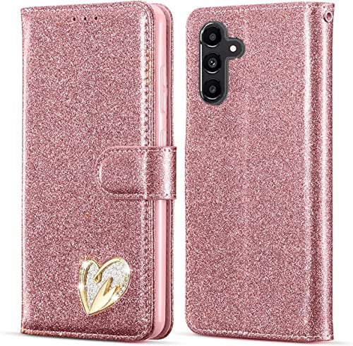 KP TECHNOLOGY Case for Samsung Galaxy A14, Premium Shiny Bling Glitter Loving Heart Book Flip Stand Wallet Card Phone Case for Samsung Galaxy A14 5G (ROSE GOLD)