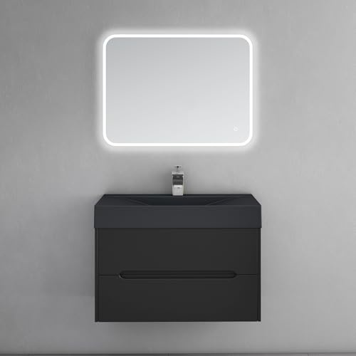 doporro Unterschrank mit Waschbecken matt schwarz 80cm LED-Spiegel | Wandhängendes Badmöbel-Set mit Mineralguss-Waschbecken, LED-Spiegel & Soft-Close – pflegeleicht für moderne Bäder Yoga