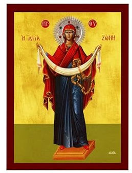 Cincture of the Theotokos Ikone, Jungfrau Maria Ikone Heiliger Gürtel, handgefertigte griechisch-orthodoxe Ikone Heiliger Gürtel, byzantinische Kunst, Wandbehang, Holztafel, 40 x 50 cm