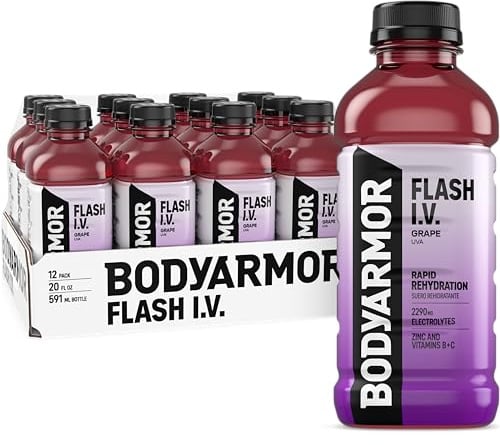 BODYARMOR Flash I.V. Electrolyte Beverage, Grape, Hydration Drink with Coconut Water For Rapid Rehydration, Post Workout Recovery, 20 Fl Oz (Pack of 12)