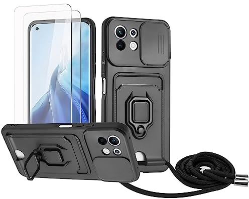 Zallagre Cordon de Coque Compatible avec Xiaomi Mi 11 Lite 4G/5G/Mi 11 Lite 5G NE,[2 Pièces] Verre Trempé,Lentille Coulissante Couverture,360 Degrés Bague Rotatif Support,Fentes pour Cartes-Noir