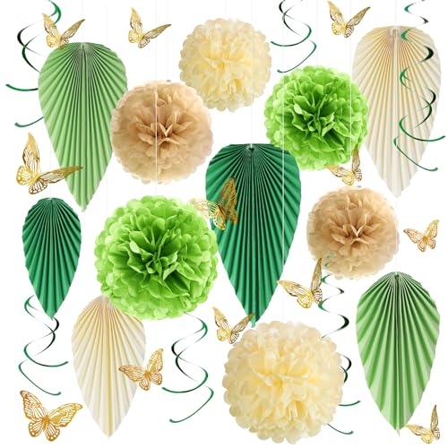Homarkable Grüne Blatt-Faltfächer mit Schmetterlingen und Pompoms - Hochzeitsdekoration Set für Tischdeko, Geburtstag, Kommunion, Partydekoration (Grün und Weiß, Papier)