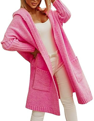 Cardigan lungo da donna UK Plus Size Cardigan da donna con tasche maglione cardigan con cappuccio lunga lettera lana comodo casual sciolto cappotto e cardigan da donna, Rosa acceso, XXL
