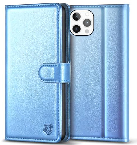 Kuafcase Compatible for iPhone 12 Pro Max Case with 4 Card Slots Magnetic Closure Kickstand Shockproof Protective Phone Case Compatible for iPhone 12 Pro Max - Sky Blue