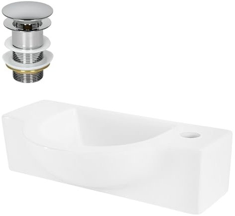ML-Design Waschbecken Keramik Weiß, 44,5x25,5x12 cm mit Ablaufgarnitur Silber, Oval, Hahnloch rechts, Wandmontage, Aufsatzwaschbecken, Waschtisch Waschschale Waschplatz Handwaschbecken, für Badezimmer
