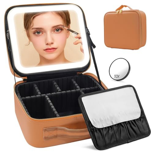Makeup Case Organizer with Lighted Mirror, Travel Makeup Bag with Mirror and Lights Partitionable Makeup Bag with LED Mirror, Cosmetic Case with Detachable 10X Magnifying Mirror(Brown)