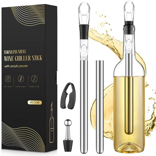 ecooe 5-in-1 Weinkühlstab Set mit Ausgießer, 2 Stück Edelstahl Weinkühler Stab, Stopper, Folienschneider, Weinkühler Set Wein Kühlstab als Geburtstag Geschenke für Weinliebhaber Manner Frauen