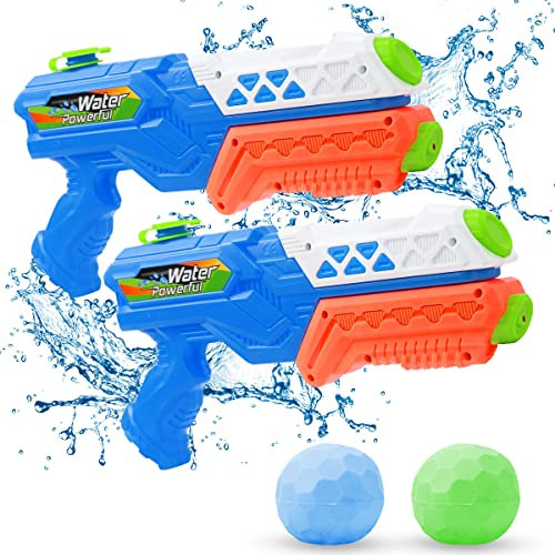 Pistolet à Eau pour Enfants et 2 Ballons D'eau, 2 Pistolets à Eau 600ML avec 8-10 Mètres pour Adultes, Idéal la Piscine de Plage D'été, les Combats D'eau, Jouets Aquatiques jouets de Plein Air(Orange)