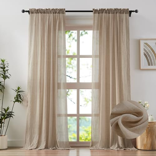 Anpark Durchsichtige Vorhänge, 213 cm lang, für Schlafzimmer, Wohnzimmer, natürliche Baumwolle, strukturiert, lichtfilternd, Privatsphäre, durchscheinende Vorhänge mit Stangentaschen, B 132 x L 213 cm