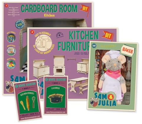 The Mouse Mansion Sam & Julia - Paket: Das Mäusehaus Bäckerei - enthält: 1 Bastelset, 1 Miniatur Raum aus Karton und 1 Kuscheltier 12cm – für Kinder jeden Alters