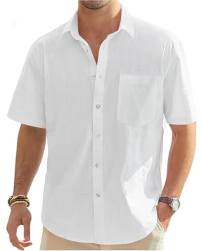 Men's Linen Cotton Shirts Short Sleeve Henley Shirt Regular Fit Casual Solid Shirt Lightweight Summer Beach Shirts with Pocket (White,M)