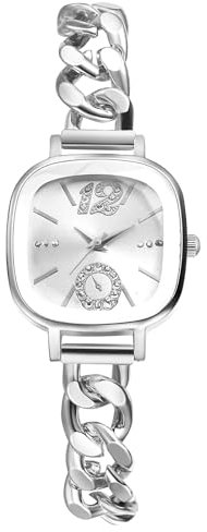 JewelryWe Damenuhr Kleine Quadratische Uhr: Glitzer Zirkonia Analog Quarz Armbanduhr Damen Silber Kubanisches Armband Uhr mit Schmalem Panzerkette Metallarmband & Eckigem Zifferblatt