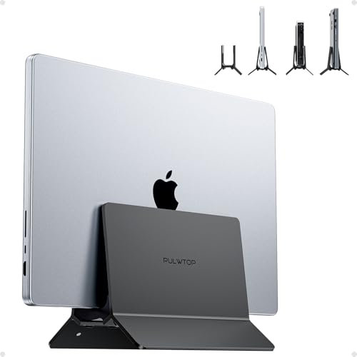 PULWTOP Vertical Laptop Stand for Desk, Aluminum Desktop MacBook Stand Laptop Holder Compatible with MacBook Air/Pro, Mac Mini, Surface, Notebooks - Black