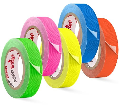 POPPSTAR 5x Neon Klebeband 15mm x 5m, fluoreszierendes Gewebeklebeband, gelb, grün, rot, blau, rosa